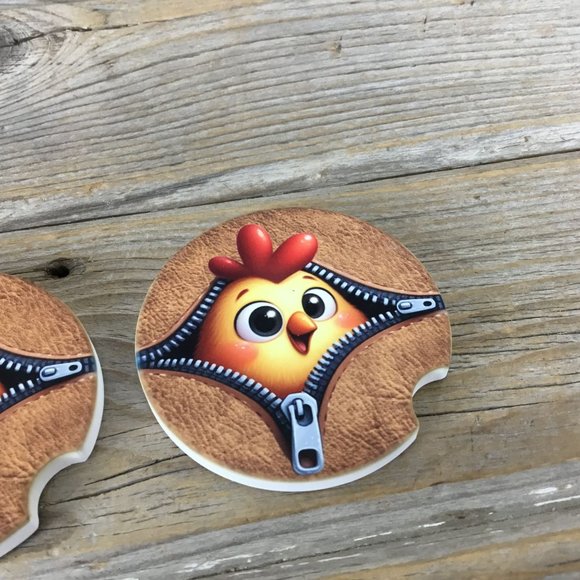 Chicken Peek-a-Boo Zipper Car Coasters Set of 2 - Picture 4 of 6